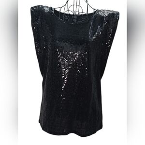 28th & Park Black Sequin Tank Top S Sleeveless Padded Shoulders Party Holiday